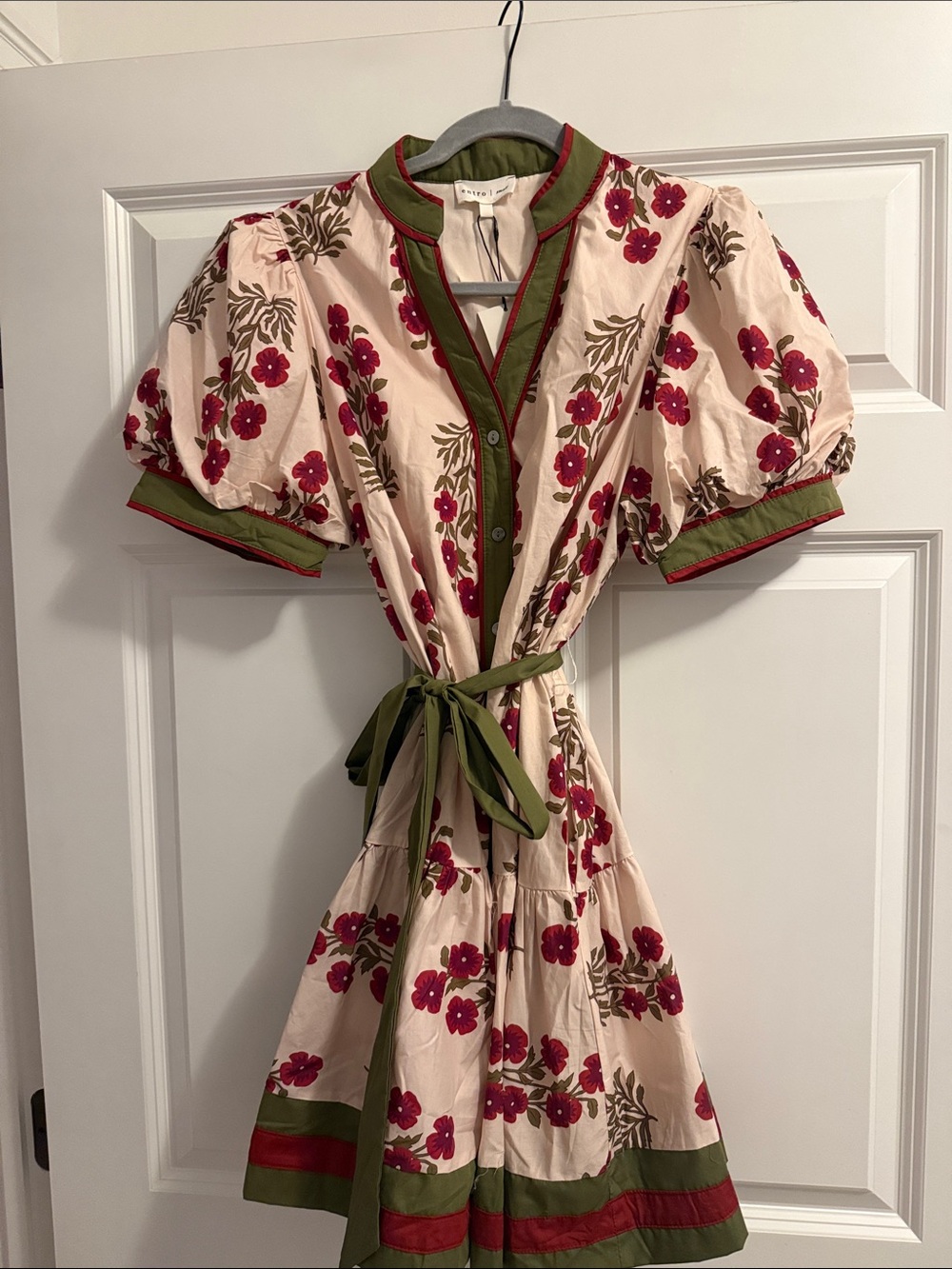 entro Cream Mini Dress with Red Floral Print and Olive Trim